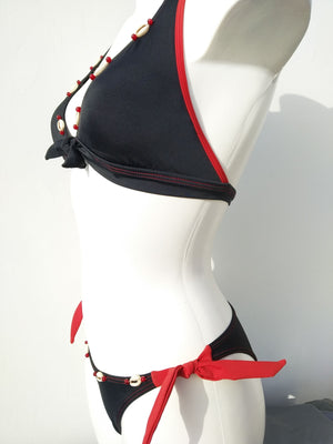black bikini halter bra and tie side cheeky bottom, seashell decoration, mix and match collection. bikinn.com