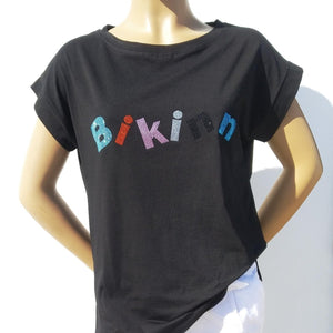 Black  short sleeves cotton-lycra T-shirt, multicolor rhinestones crystals printed logo. Bling-bling fashion. bikinn.com