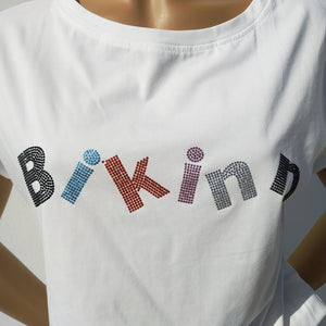 White  short sleeves cotton-lycra T-shirt, multicolor rhinestones crystals printed logo. Bling-bling fashion. bikinn.com