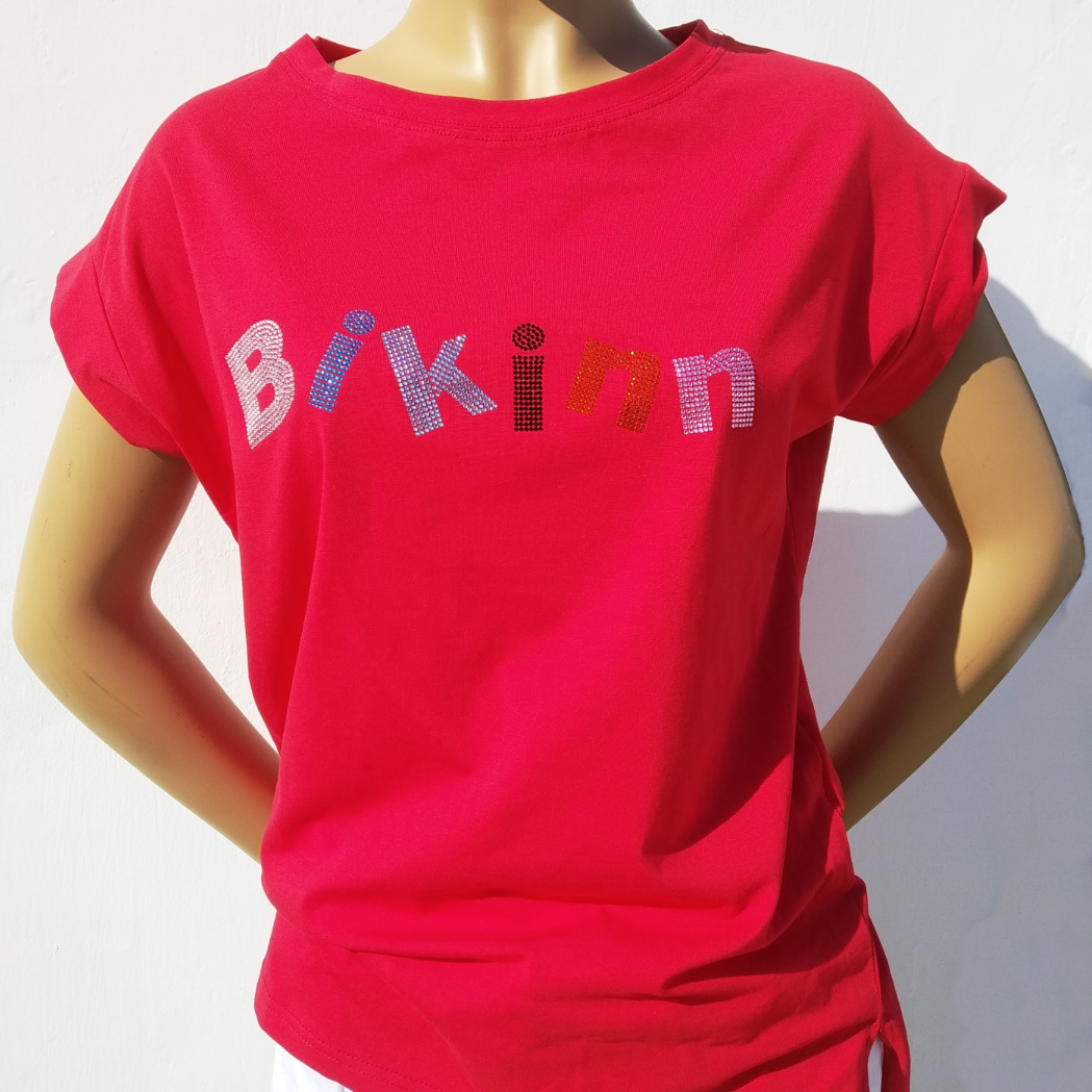  Red short sleeves cotton-lycra T-shirt, multicolor rhinestones crystals printed logo. Bling-bling fashion. bikinn.com