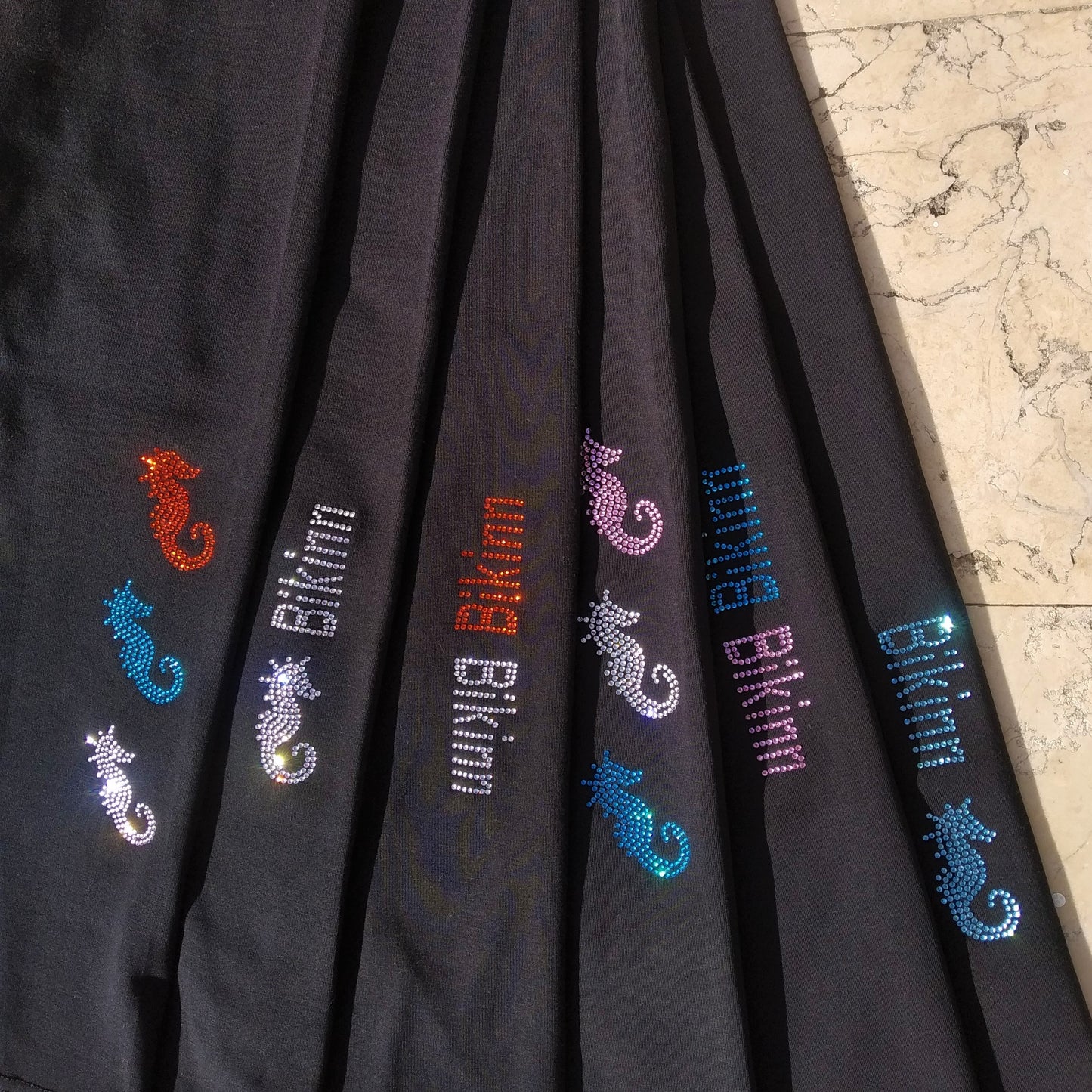 exhibition of 6 different designs of rhinestone print for black leggings, bling-bling collection. bikinn.com