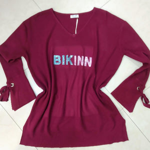  large bordeaux tunic fine cotton sweater, with a crystal logo printed on the front: "BIKINN". bikinn.com