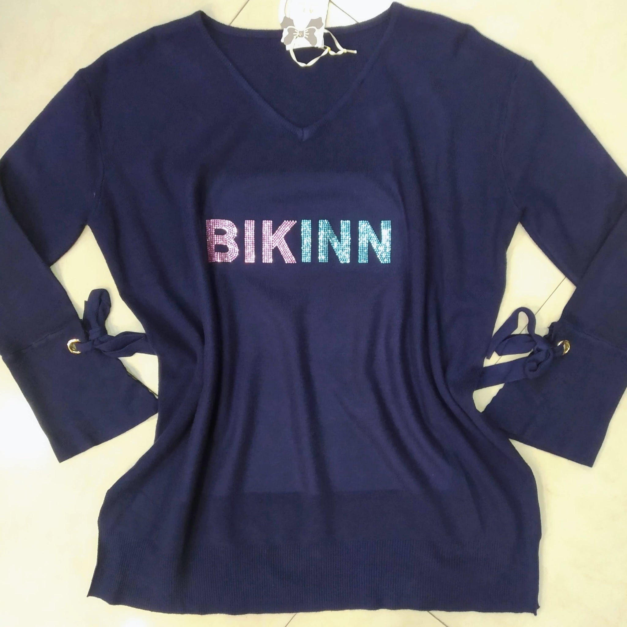 large navy blue tunic fine cotton sweater, with a crystal logo printed on the front: "BIKINN". bikinn.com