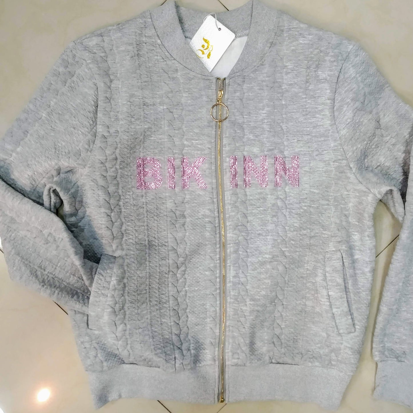 Light gray Bling-bling Women Bomber Jacket, Casual Short Coat Zip Up. bikinn.com