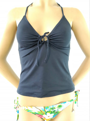Presented on a manequin, Black tankini top, spaghetti straps, V-neckline, on sale at: bikinn.com