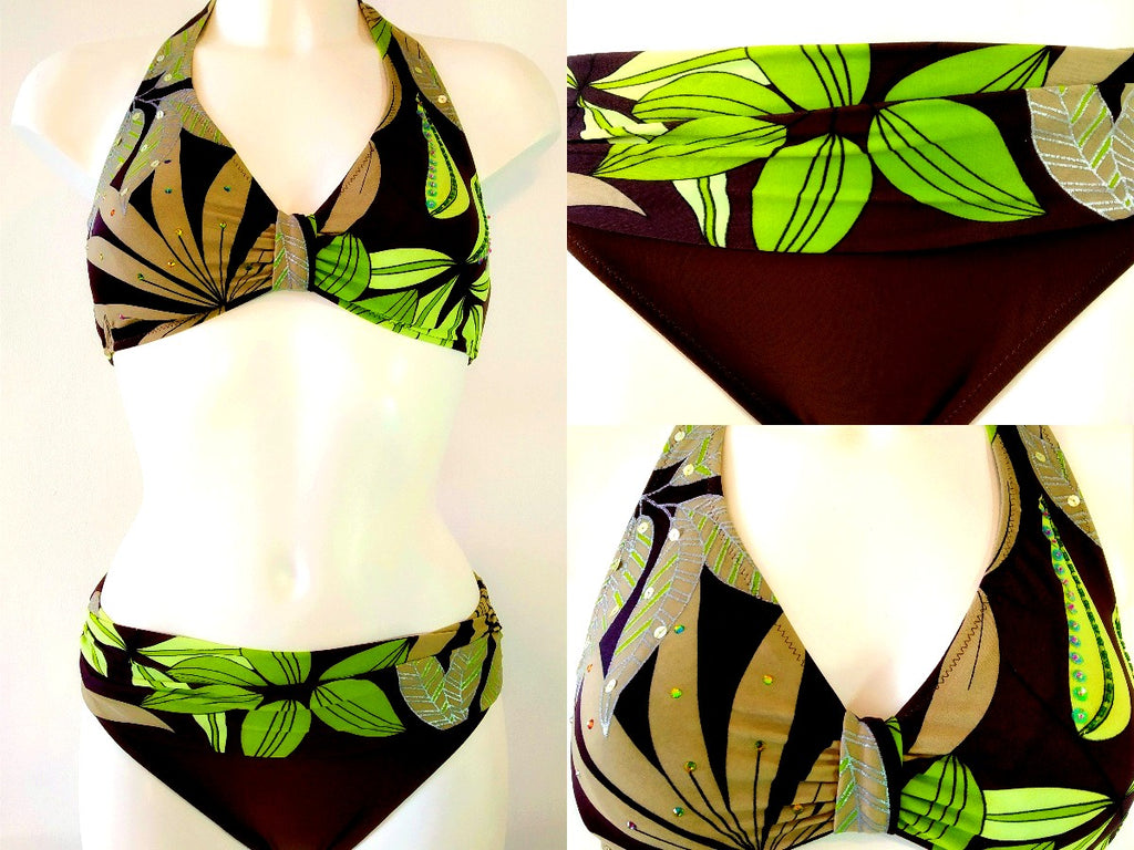 Underwire halter bikini set  print with green leaves on brown background Embellishment: handwork of embroidered beads and sequins. bikinn.com