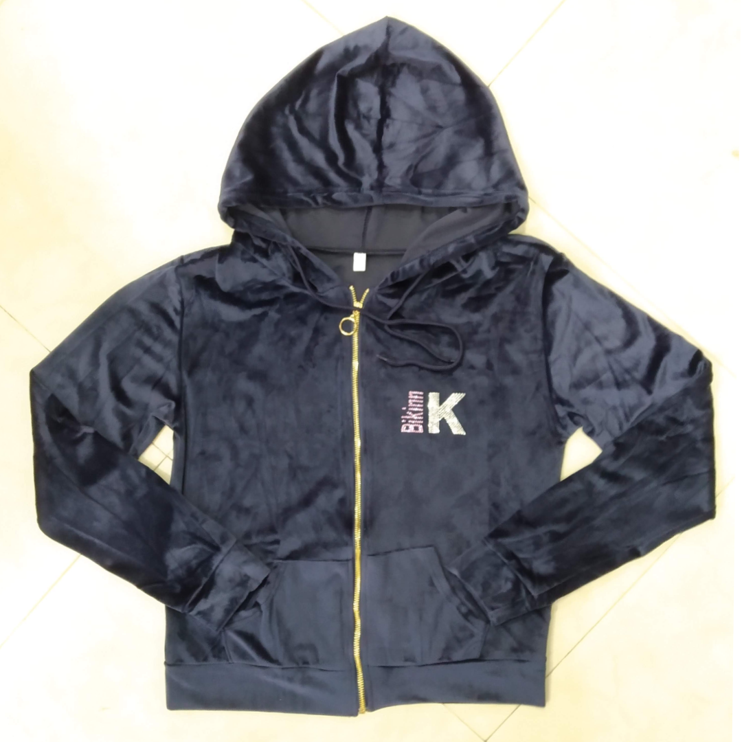 dark navy blue velvet hoodie, diamante logo velour full zip velvet hoodie jacket, chaqueta con capucha de terciopelo. bikinn.com