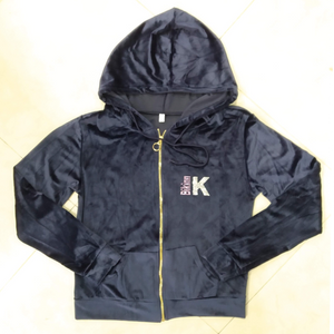dark navy blue velvet hoodie, diamante logo velour full zip velvet hoodie jacket, chaqueta con capucha de terciopelo. bikinn.com