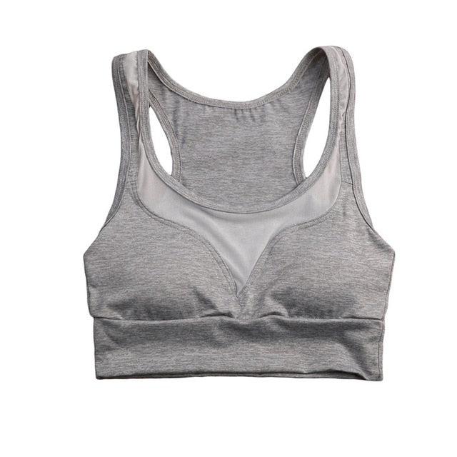 Gray aerobic bra mesh patchwork, yoga top. bikinn.com