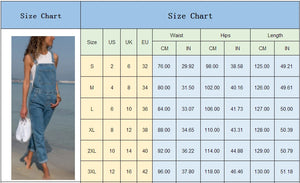 chart for Women's Denim Overalls, overall jeans full length legs, adjustable-straps. bikinn.com