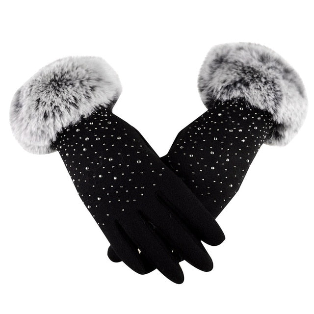 Winter Gloves Diamonds Decoration Full Finger Rhinestone Faux Fur Wrist Mittens,Guantes de invierno Diamantes Decoración Manoplas de muñeca de piel sintética, bikinn.com