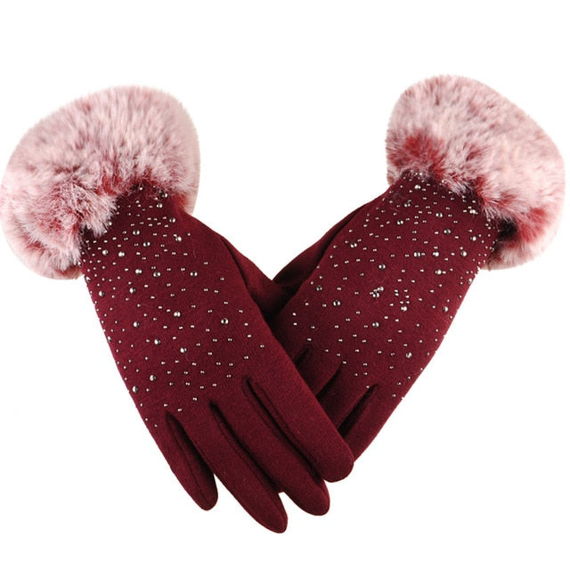 Winter Gloves Diamonds Decoration Full Finger Rhinestone Faux Fur Wrist Mittens,Guantes de invierno Diamantes Decoración Manoplas de muñeca de piel sintética, bikinn.com