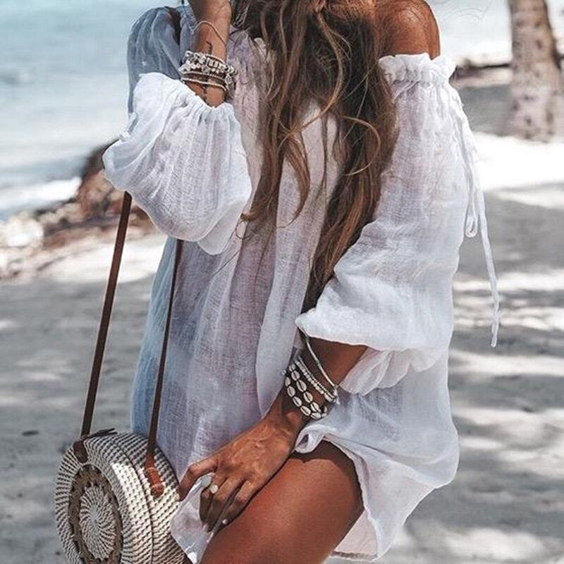 Women loose blouse  oof-shoulder neckline, white tunic beachwear . bikinn.com