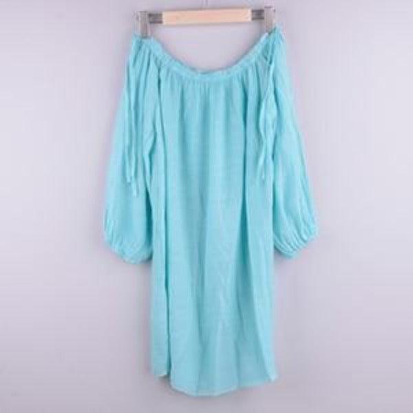 Women loose blouse oof-shoulder neckline, Sky blue tunic beachwear . bikinn.com