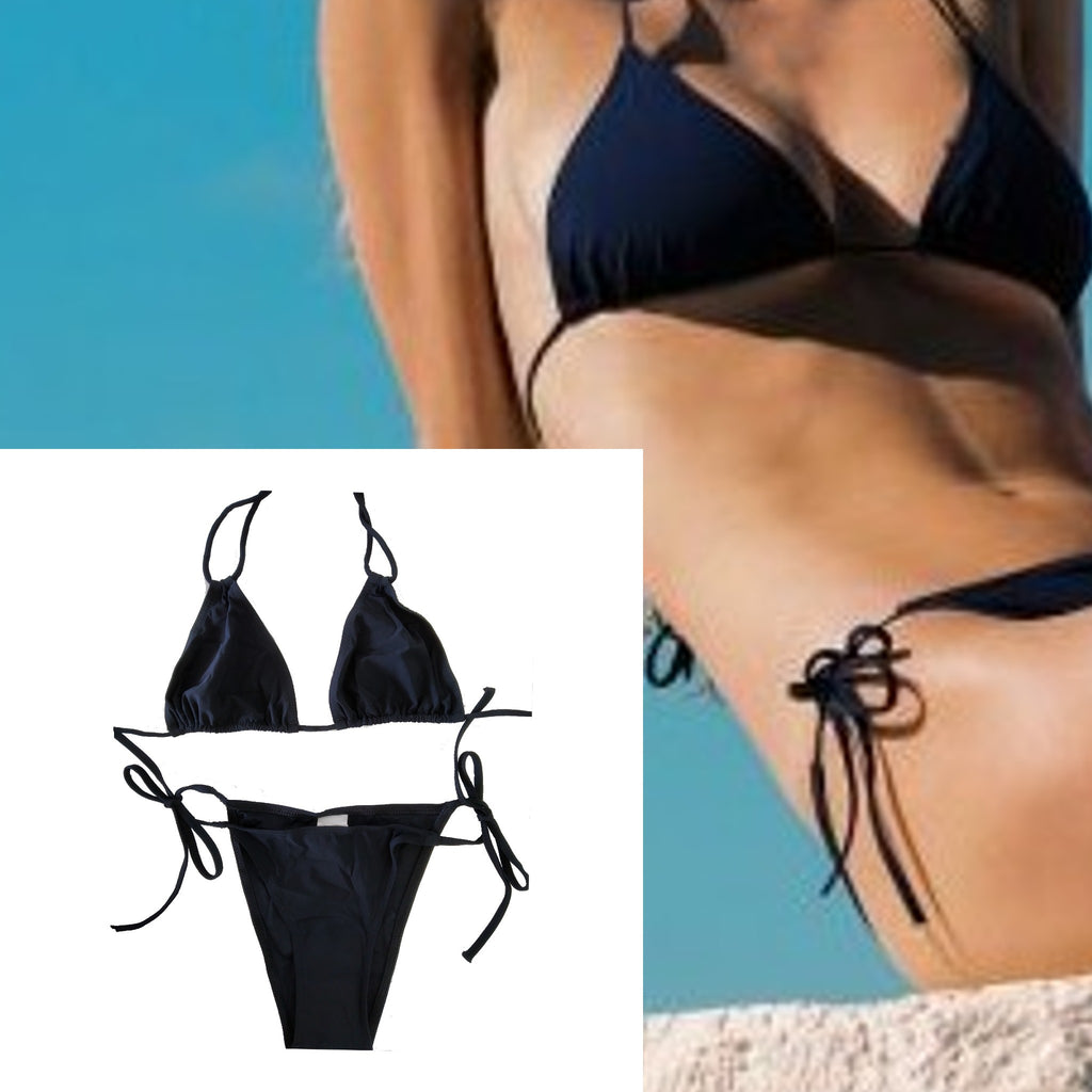 black triangle bikini set tie-side bottom triangle thin fabric bra quick dry small coverage style swimwear two-pieces