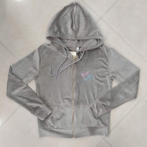 Gray stone velvet jacket, diamante logo velour full zip velvet hoodie jacket, chaqueta con capucha de terciopelo. bikinn.com